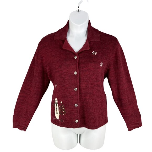 Woolrich Women XL Red Snowman Embroidered Button Cardigan Christmas Tree Sweater - Picture 9 of 16